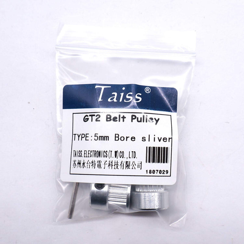 Taiss 5Pcs Silver 5mm(0.19″) Bore 20 Teeth GT2 Belt Pulley for 3D Printer 6mm Width 20T Timing Belt Aluminum Belt Pulley (Screw Wrench Included) F020-W-5