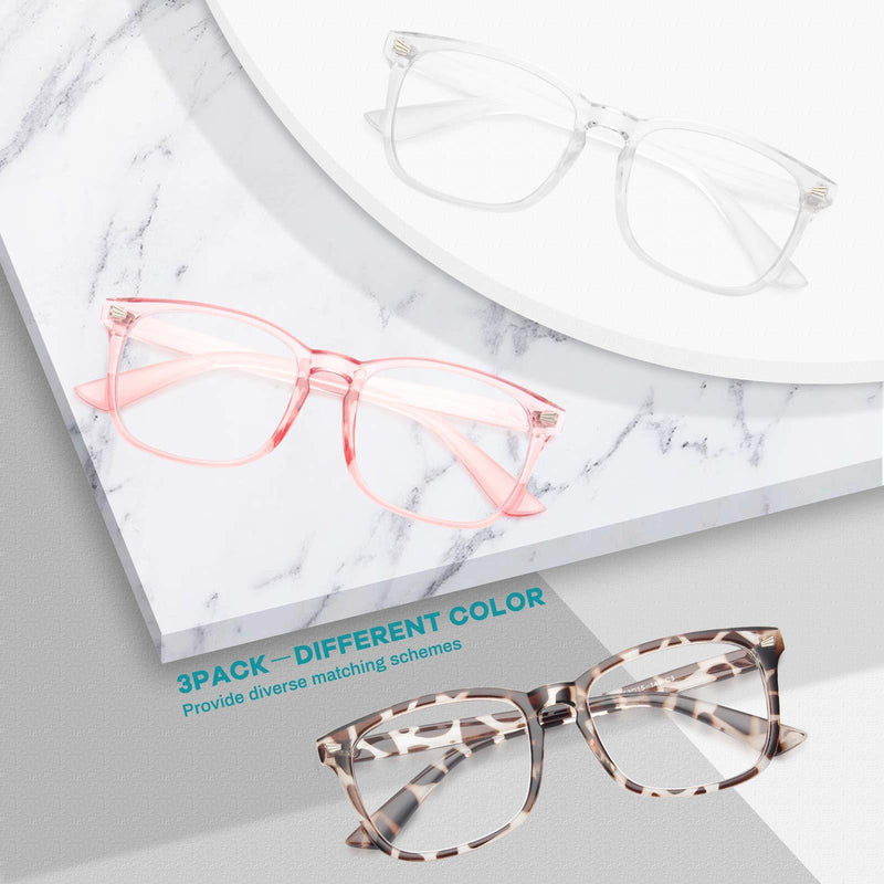 Gaoye 3-Pack Blue Light Blocking Glasses, Fashion Square Fake Nerd Eyewear Anti UV Ray Computer Gaming Eyeglasses Women/Men Leopard+transparent+pink