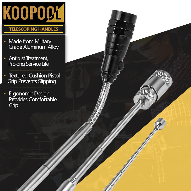 Magnetic Pickup Tool 5 PCS Cool Gadget Telescopic Magnet Stick 1lb/5lb Flexible LED Flashlight 360 Degree Swivel Adjustable Round/Square Inspection Mirrors Gifts for Dad, Husband, Handy Men Black