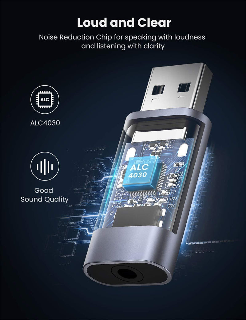 UGREEN USB External Sound Card Audio Adapter 2 in 1 USB to 3.5mm Jack Audio Adapter Aluminum Stereo Sound Card for Windows Mac PS5 Linux PC Laptops Desktops