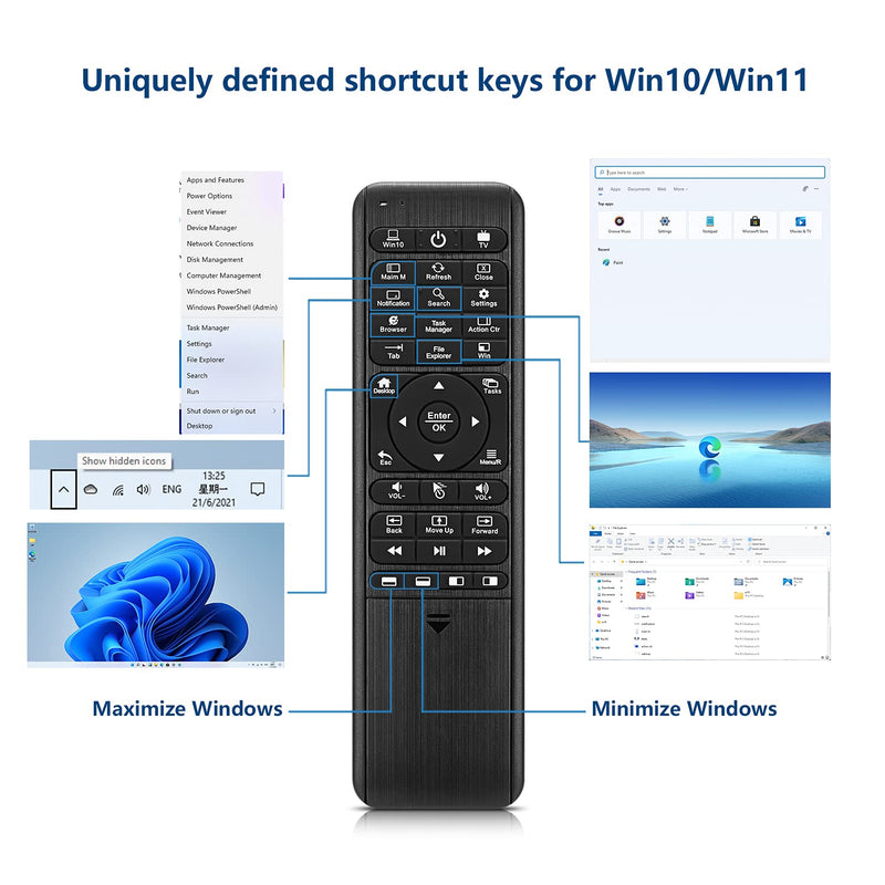 Pepper Jobs W10 GYRO Air TV Remote,QWERTY Keyboard Fly Mouse for Win 11/10, LED Backlit Keyboard Mini PC Controller, 6-Axis Gyro w/Learning Remote Control Function