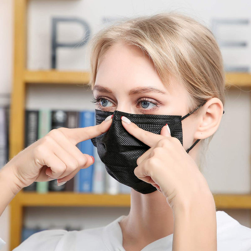 DIOLV Disposable Face Mask Adult 3 Layer Mens Breathable Facemask Womens Facial Masks for Indoor Outdoor 50Pcs/Pack Earloop,Black Black