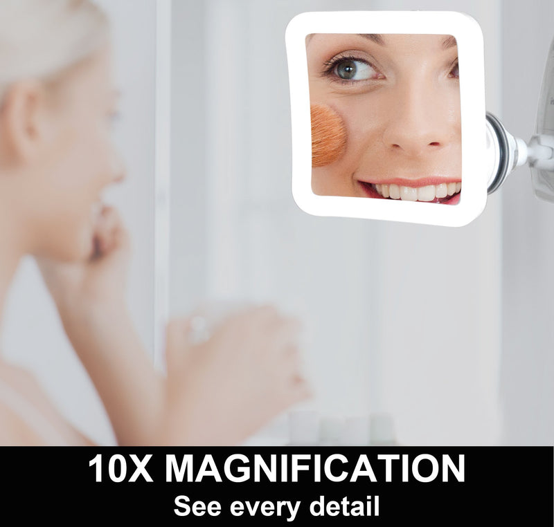 Fancii 10X Magnifying Lighted Makeup Mirror - Daylight LED Vanity Mirror - Compact, Cordless, Locking Suction, 6.5" Wide, 360 Rotation, Portable Illuminated Bathroom Mirror (Square) White