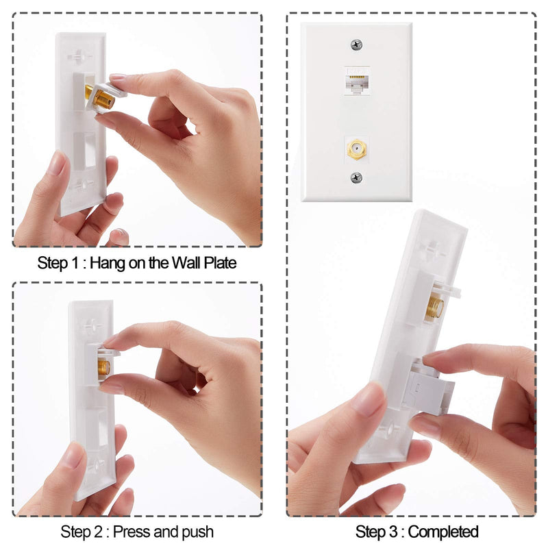 8 Pack Cat6 Coax Wall Plates, Cat6 Ethernet Port and Cable TV Coax Gold-Plated F-Type Port Wall Plate (White) White