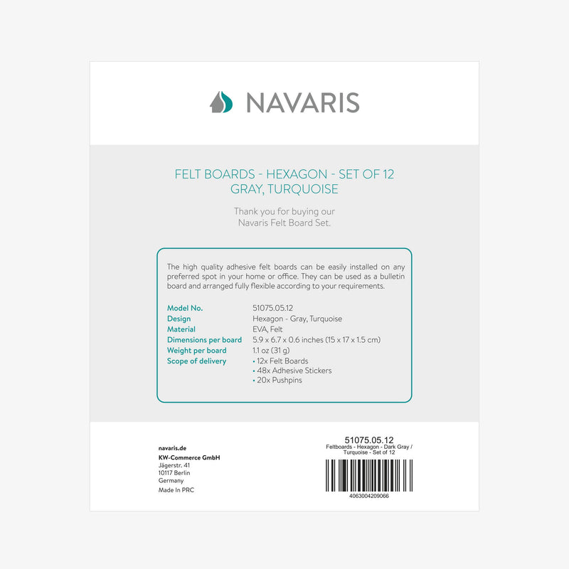 Navaris Hexagon Felt Board Tiles - Set of 12 Notice Memo Bulletin Boards with Push Pins and Double-Sided Tape 5.9" x 6.7" - Dark Gray, Turquoise Dark Grey, Turquoise
