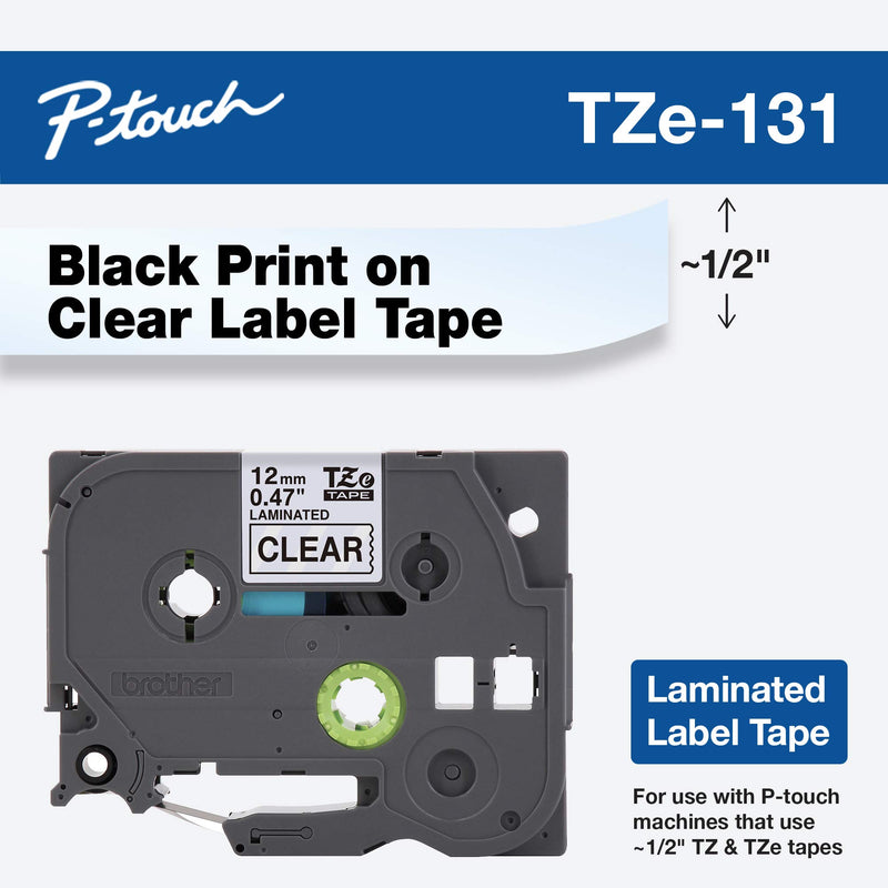 Brother Genuine P-touch TZE-131 Tape, 1/2" (0.47") Standard Laminated P-touch Tape, Black on Clear, Perfect for Indoor or Outdoor Use, Water Resistant, 26.2 Feet (8M), Single-Pack