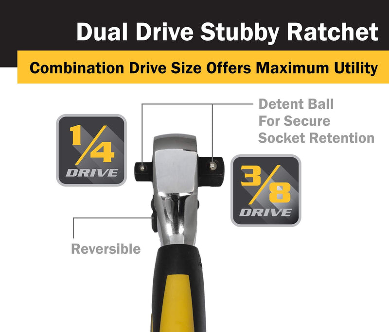 Titan 11050 1/4-Inch and 3/8-Inch Dual Drive x 5-1/2-Inch 72-Tooth Dual Head Stubby Ratchet 1/4 and 3/8in Stubby