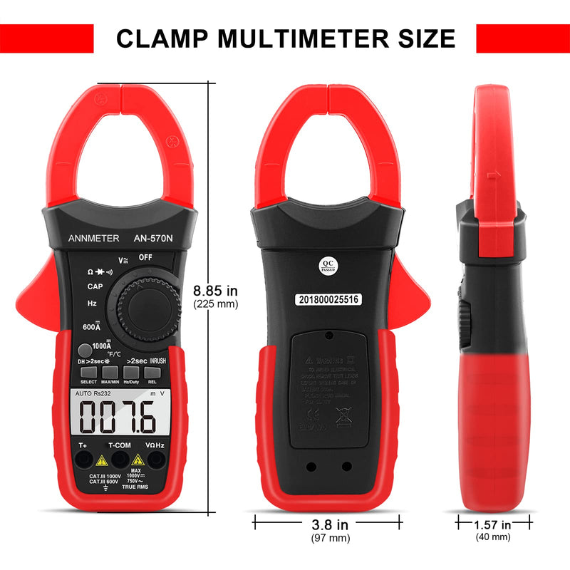 Digital AC DC Inrush Current Clamp Multimeter, 6000 Counts TRMS Auto Range DMM Meter for AC/DC Volt Amp Ohm Temp Duty Hz, Multi-Tester for Voltage Current Resistance Capacitance (ANNMETER AN-570N) 6000 counts & Inrush