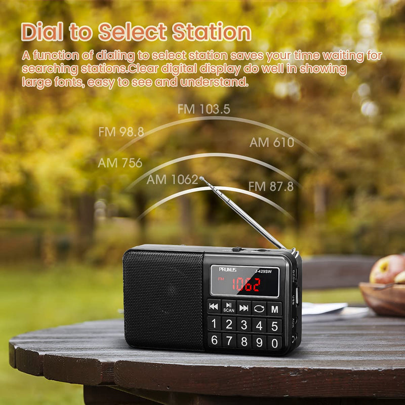 PRUNUS L-429 AM FM Portable Radio Digital Battery Operated Radio with Neodymium Speaker, SW Band, Auto Save, USB Flash Drive TF Card AUX Input MP3 Player (Black) Black