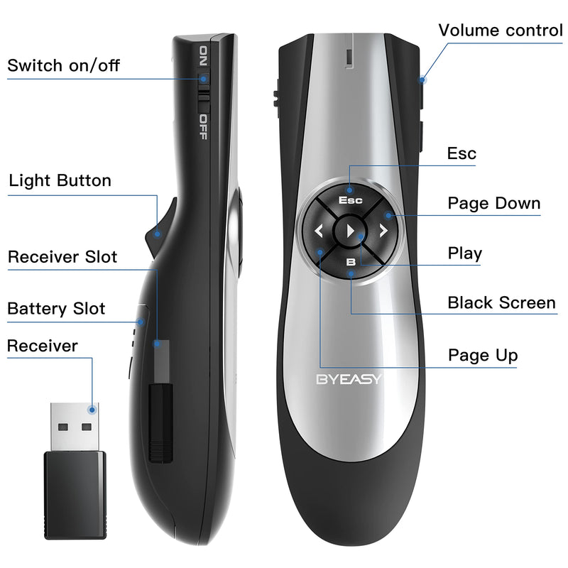 BYEASY Wireless Presenter, RF 2.4GHz Presentation Clicker Remote 100 FT, USB PowerPoint PPT Clicker with Red Laser Pointer, Volume Control for Google Slides- Black P5000 - Red Laser