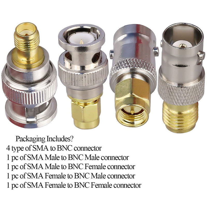 BNC to SMA Connectors SMA BNC Adapter Male to Female for WiFi Antenna/Extension Cable SMA to BNC RF Connector Kits 4 Pack