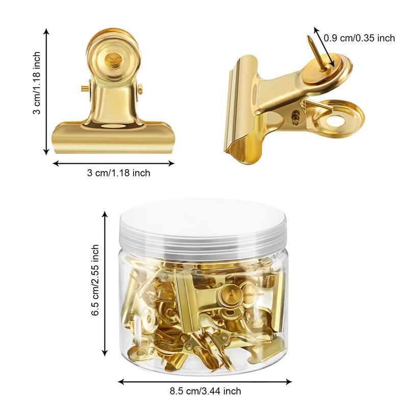 30 Pieces Push Pins Clips, Bulldog Clips with Thumb Tacks for School Artworks Projects on Cork Board, Photos Documents on Bulletin Board, No Holes for The Paper on Cubicle Walls (Gold)