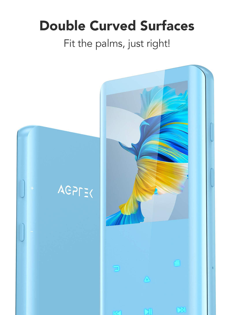 32GB MP3 Player with Bluetooth 5.0, AGPTEK 2.4" Curved Screen Portable Music Player with Speaker Lossless Sound with FM Radio, Voice Recorder, Supports up to 128GB, Blue