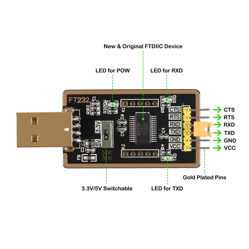 FT232RL USB to TTL Adapter for Development Projects, USB to Serial Converter Module with Genuine FTDI USB UART Compatible with Windows 7/8/10/XP,Linux, Mac OS