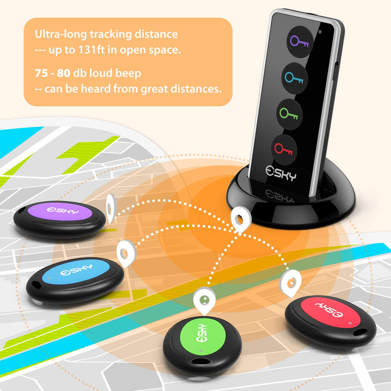 Key Finder, Esky 80dB RF Item Locator with 131ft Working Range, Wireless Key Tracker with 1 Transmitter and 4 Receivers for Finding Wallet, Remote, Pet and Passport, Receiver' Batteries Included