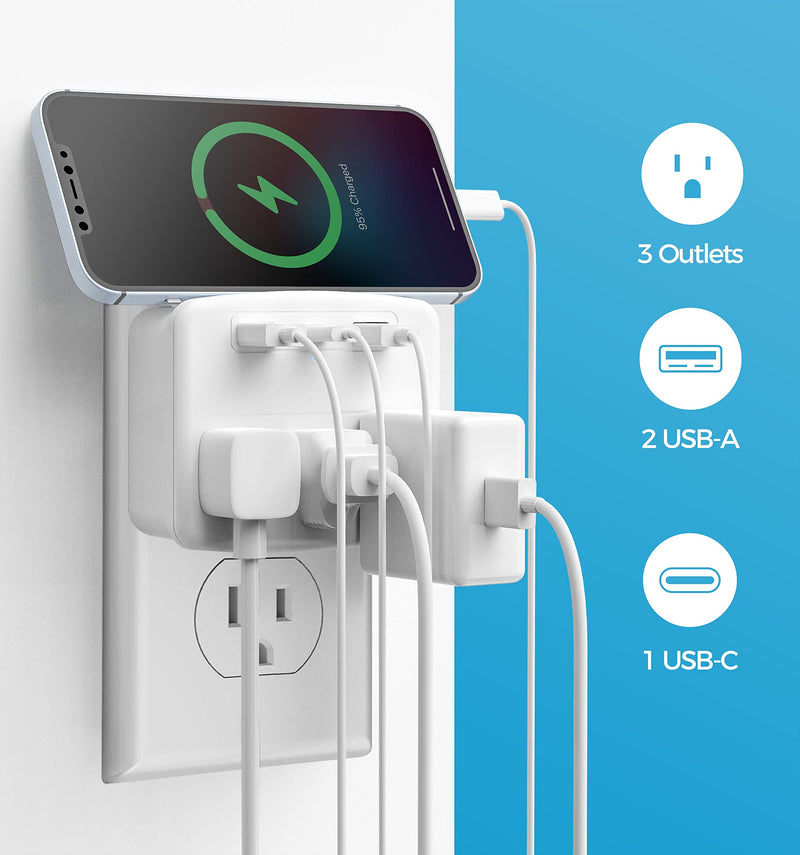 Cruise Power Strip Foldable Non Surge Protector with USB C Outlets 3.4A Total, Multi Plug Wall Socket, Cruise Essentials Accessories Must-Haves for Travel Ship, Home, Japan Applicable white