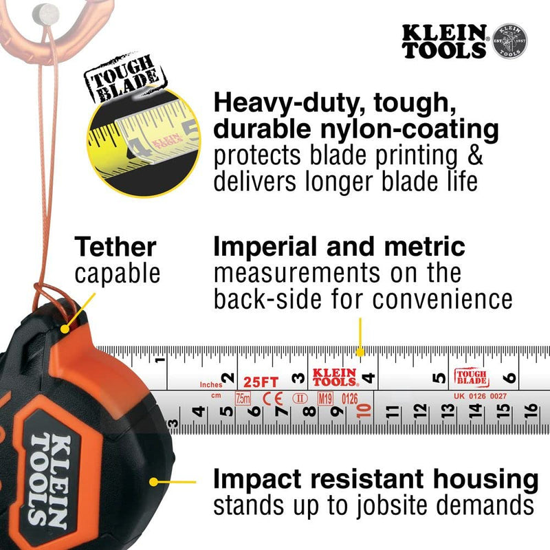Klein Tools 9375 Measuring Tape, 7.5 m Double-Hook Double-Sided Tape Measure, Magnetic with Retraction Speed Break and Metal Belt Clip