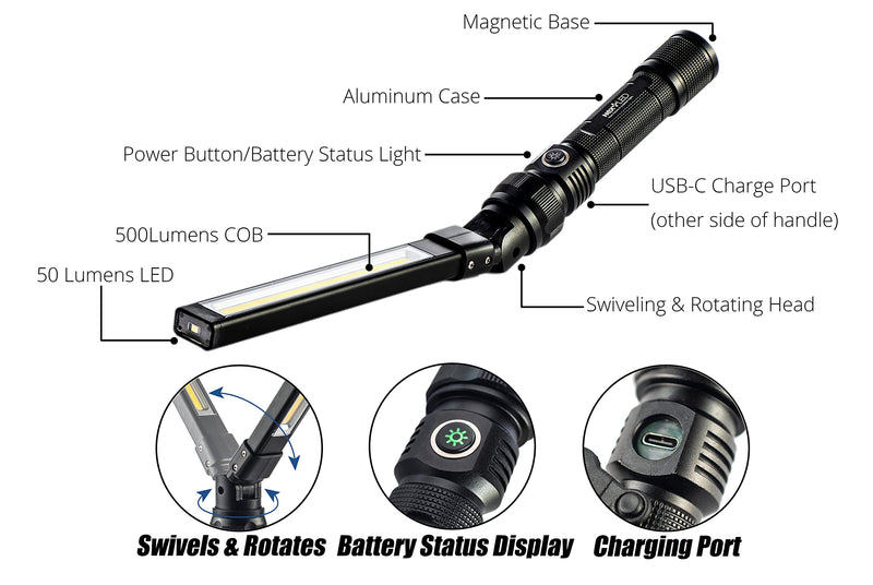 NextLED 800 Lumen Double-Sided Foldable Rechargeable COB LED Slim Bar Work Light with Magnetic Base. W/Top Portable Flashlight, Cast Aluminum, Mechanics, Car Repair, Outdoor, Emergency… 800 Lumen Double Sided