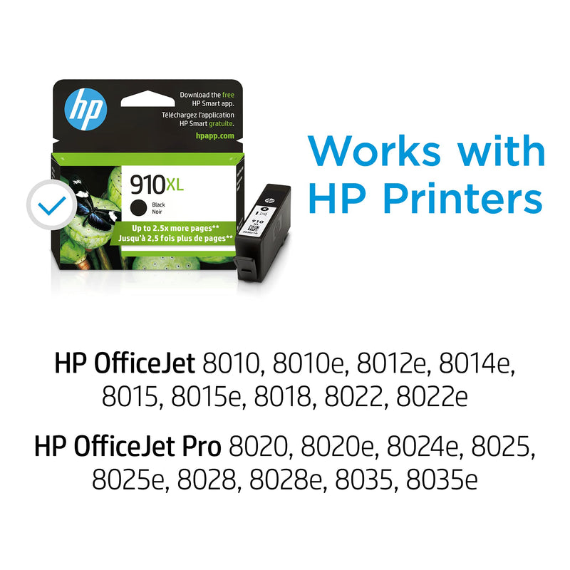 Original HP 910XL Black High-yield Ink Cartridge | Works with HP OfficeJet 8010, 8020 Series, HP OfficeJet Pro 8020, 8030 Series | Eligible for Instant Ink | 3YL65AN