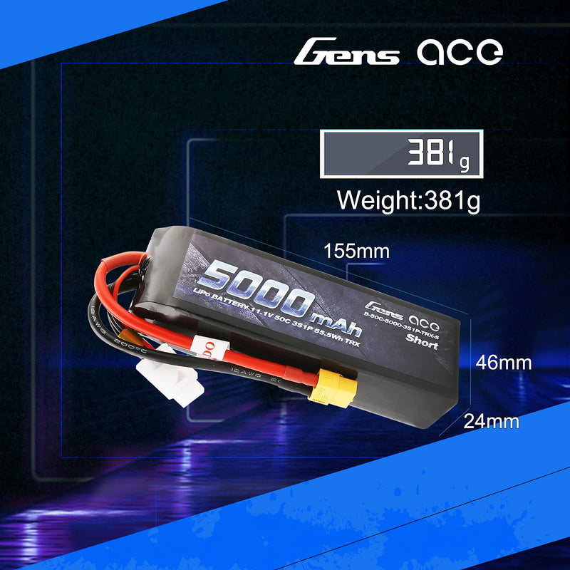 Gens ace 5000mAh 11.1V 3S 50C 3 Cell LiPo Battery Pack with XT60 and Deans Plug (Updated) for Traxxas RC Cars Slash vxl Slash 4x4 vxl E-maxx Brushless Axial e-revo Brushless and Spartan Models