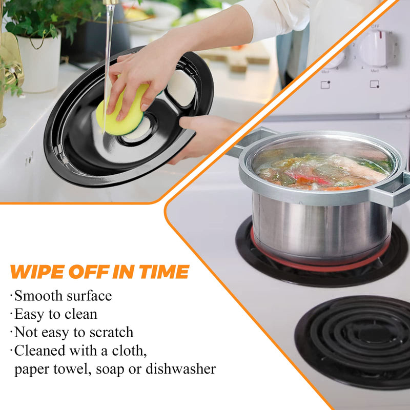 W10290350 W10290353 Porcelain Burner Drip Pan Bowls Replacement by Blutoget - Fits Whirl-pool Electric Range Cooktop Includes 2 Pack 8-Inch and 2 Pack 6-Inch Pans(Black Porcelain)
