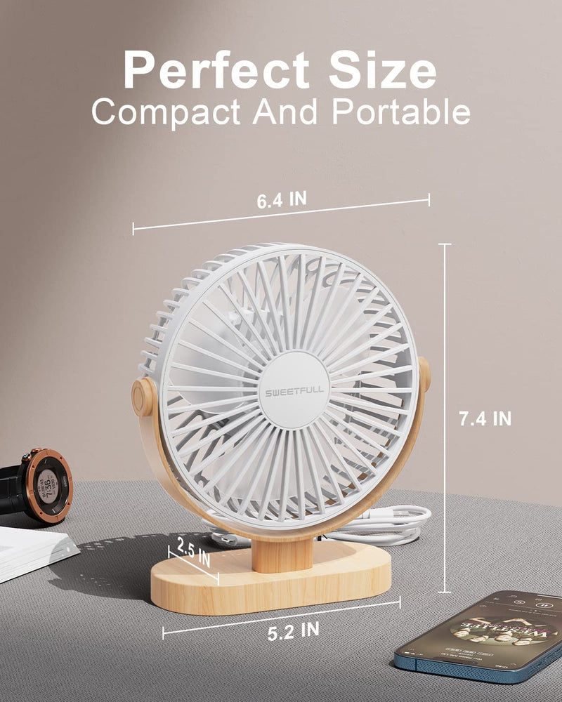 SWEETFULL 6.4 Inch USB Small Desk Fan, 3 Speeds Quiet Portable Desktop Table Fan, 360Â° Adjustment Personal Mini Fan for Home Office Car Outdoor Travel (White wood grain )