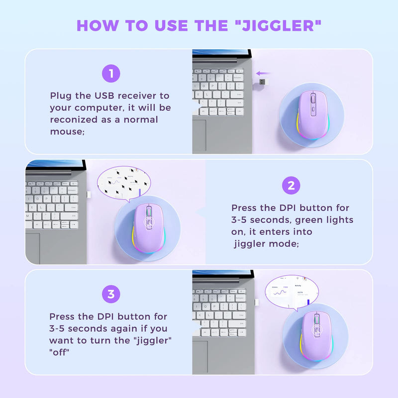 Wireless Mouse, Mouse Jiggler - LED Wireless Mice with Build-in Mouse Jiggler Mover, Rechargeable Moving Mouse for Computer with Undetectable Random Movement Keeps Computer Awake - Purple A Purple Mouse with Jiggler