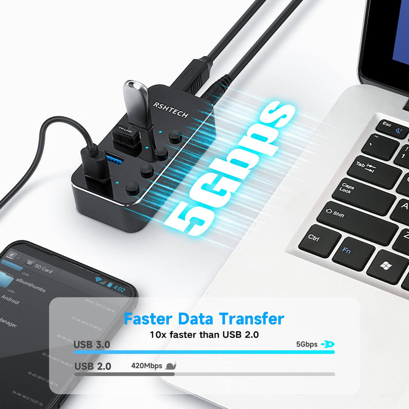USB 3.0 Hub RSHTECH 4 Port Powered USB 3.0/USB C Hub Upgraded Version with 2-in-1 3.3ft USB Cable,5V Power Adapter and Individual Switches, Portable Aluminum USB Splitter for Laptop and PC, RSH-ST04 4-Port USB hub