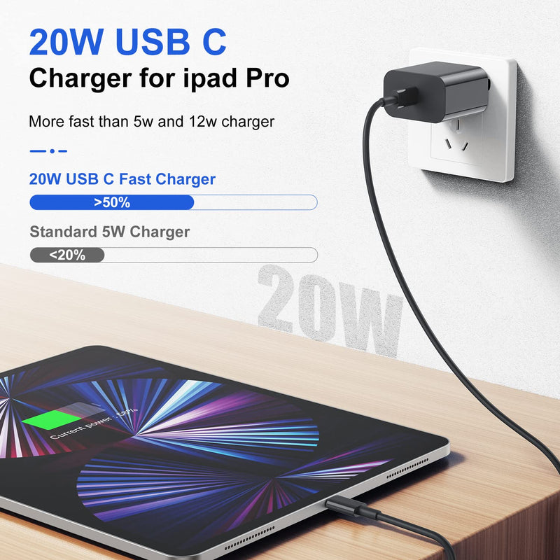 10 ft iPad Pro Fast Charger 2Pack(Grey), Apple 20W USB C Charger Block with Long USB C to C Cable for iPad Pro 12.9 in 5th/4th/3rd Gen,iPad Pro 11 in 2021/2020/2018,iPad Air 5th/4th Gen,iPad Mini 6th For USB C iPad-Grey 2Pack-10FT