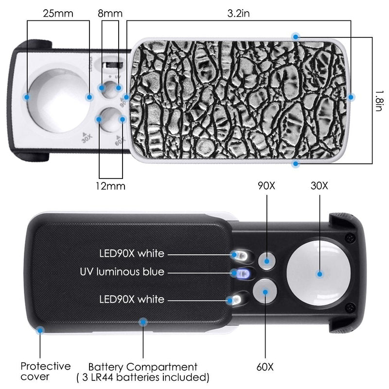 Jewelry Loupe Magnifier with LED Light, AFUNTA 30X,60X,90X Pocket Magnifying Glass for Rocks Stamps Coins Watches Hobbies Antiques Models Photos - Silver