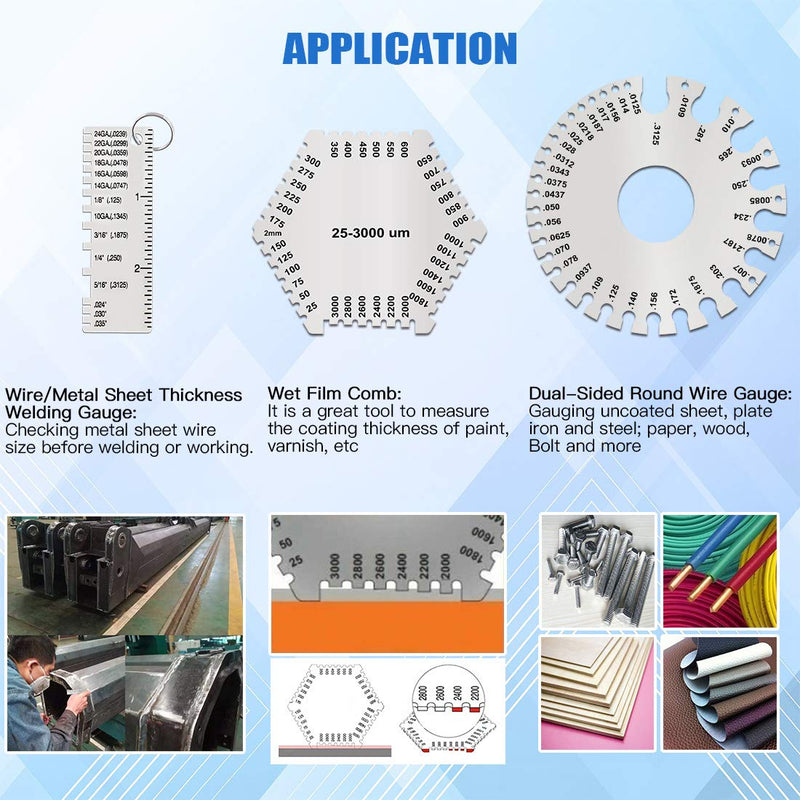 Glarks 3 Pack Stainless Steel Welding Gauge Set, 25-3000um Wet Film Comb + Wire Metal Sheet Thickness Gauge + Round Dual-Sided Wire Cable Sheet Gage Standard Thickness Metal Gauge AWG and SAE