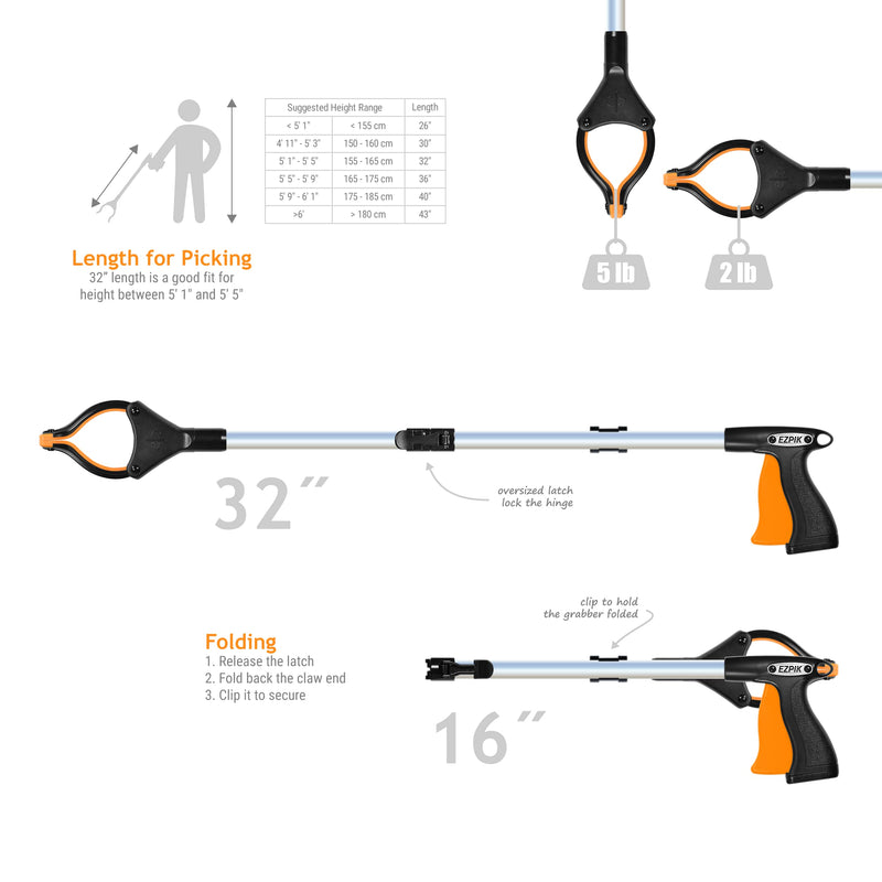 EZPIK Folding Litter Picker Grabber 32 inch with Magnets - Grabbing Stick to Pick Up Trash ~ Grabbers and Pickers Heavy Duty - Reachers for Seniors with Rotating Grippers for Reaching Tight Places 32 (M)