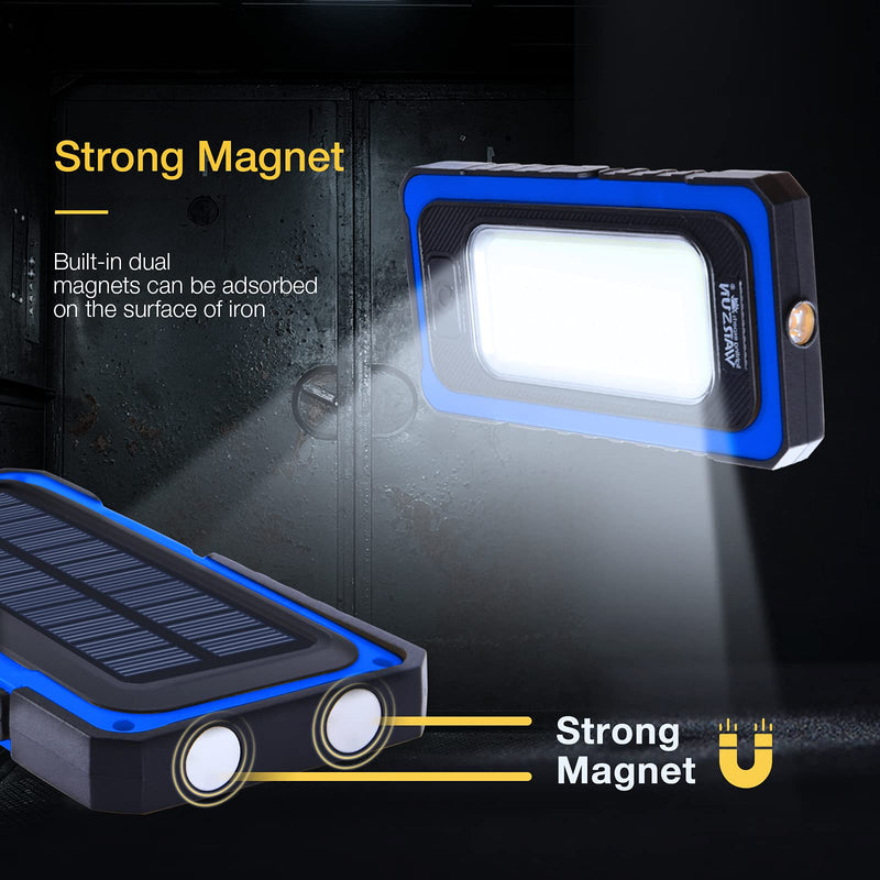 WARSUN Led Work Light, Rechargeable Work Light,Portable Magnetic Work Light, Waterproof LED Solar Flood Lights for Outdoor Camping Hiking Emergency Car Repairing (USB + Solar Charging, Blue) USB + Solar Charging