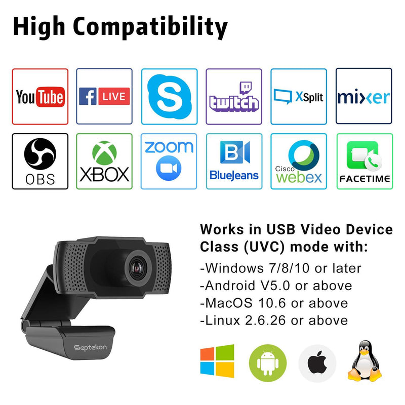1080P HD Webcam with Microphone, Septekon Streaming Computer Web Camera for Laptop/Desktop/Mac/TV, USB PC Cam for Video Calling, Conferencing, Gaming