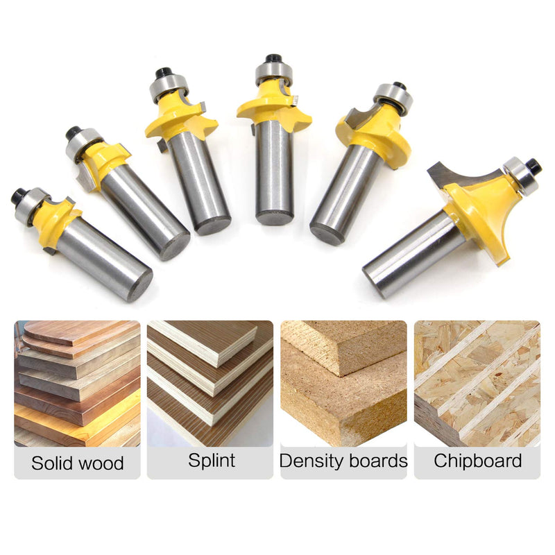1/2 Inch Shank Round-Over Router Bits Corner Rounding Edge-Forming Roundover Beading Router Bit Set - 1/8" 1/4" 3/16" 7/16" 3/8" 1/2" Radius 6 Pcs by ROOCBIT Corner Round Bit-1/2"Shank-6PCS