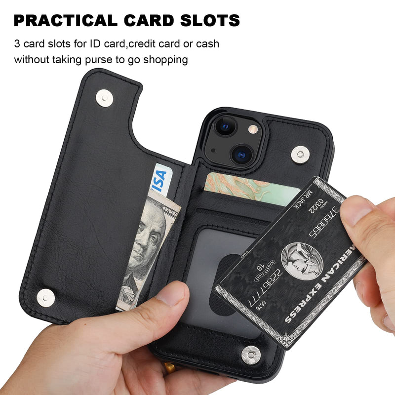 ONETOP Compatible with iPhone 13 Wallet Case with Card Holder, PU Leather Kickstand Card Slots Case, Double Magnetic Clasp Durable Shockproof Cover 6.1 Inch(Black) Black