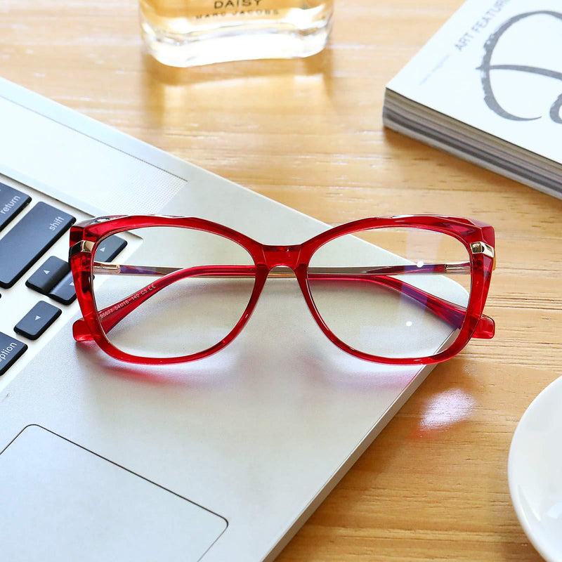 Fashion Computer Blue Light Blocking Glasses for Women Spring Hinge TR90 Cateye Glasses Frame Anti UV Clear Lens Black+red