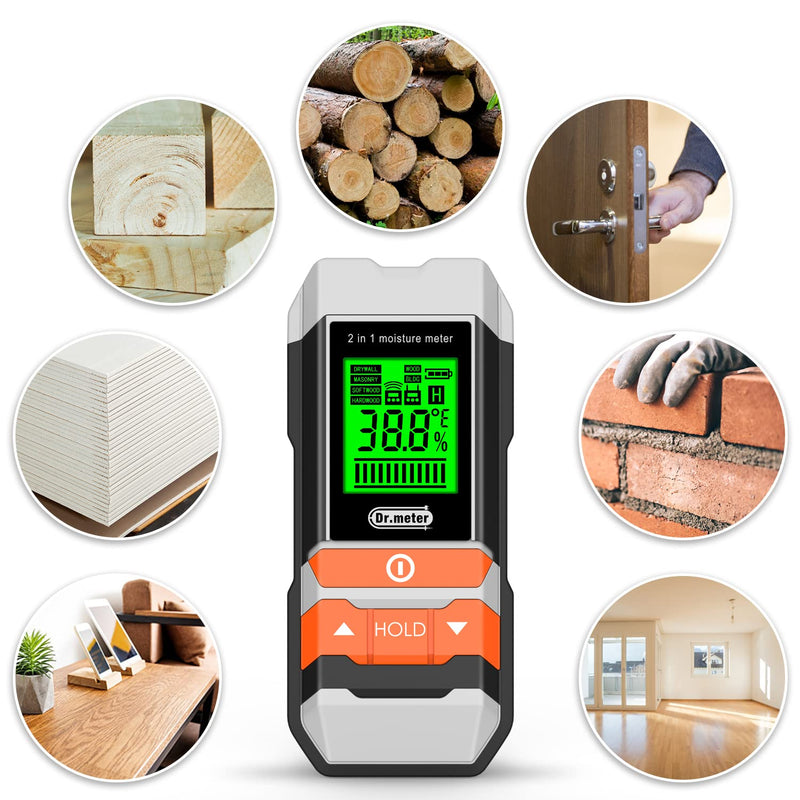 Wood Moisture Meter, 2 in 1 Pin & Pinless Moisture Tester, Dr.meter Digital Dampness Moisture Sensor Detector for Wood Firewood Drywall Paper Floor Woodworking, Water Leak Detector
