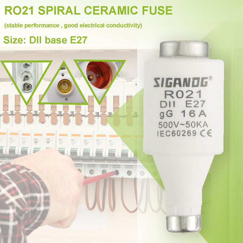 SIGANDG 16A DII E27 R021 Spiral Ceramic Fuses gG Diazed Fuse Inserts 500VAC for Cable and Line Protection (Pack of 10)