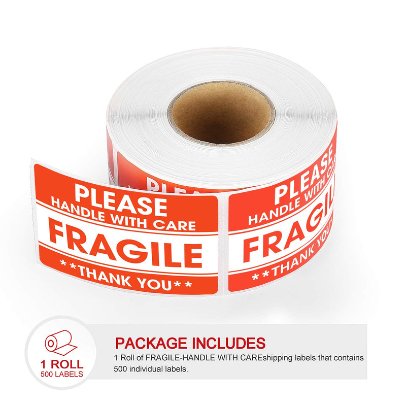 Methdic 2"x 3" Strong Adhesive Fragile Stickers 1 Roll 500 (Handle with Care,Do Not Drop,Thank You) Labels for Shipping and Moving 2x3 1-Roll