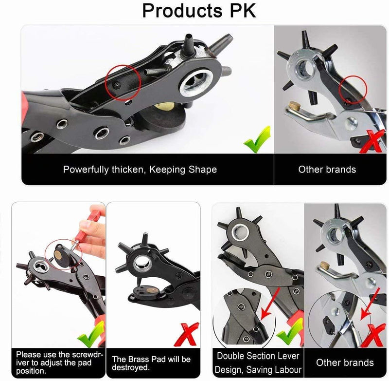 Revolving Punch Plier Kit, XOOL Leather Hole Punch Set for Belts, Watch Bands, Straps, Dog Collars, Saddles, Shoes, Fabric, DIY Home or Craft Projects, Heavy Duty Rotary Puncher, Multi Hole Sizes Make Hole Puncher