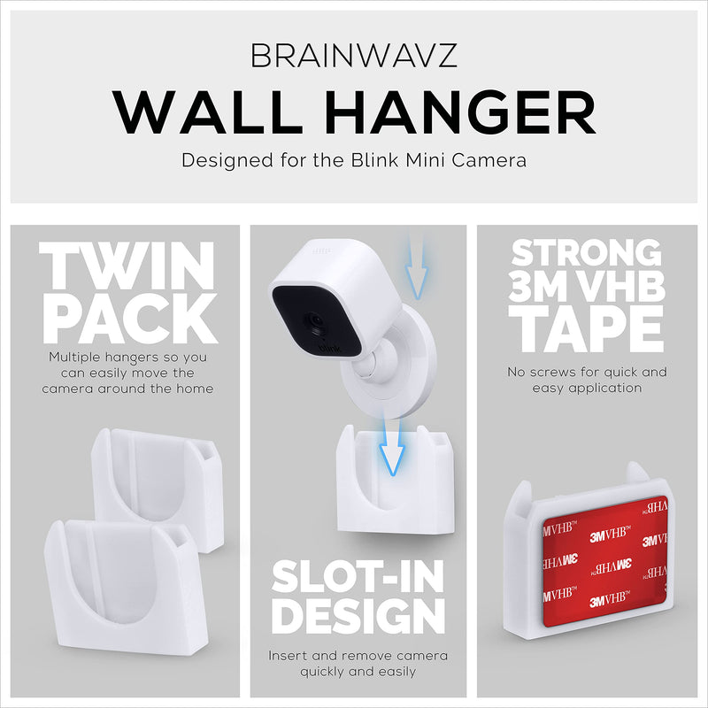 Adhesive Wall Mount for Blink Mini Camera, 2 Pack, No Hassle Holder, Strong 3M VHB Tape, No Screws, No Mess Install, Bracket Stand (White) by Brainwavz White