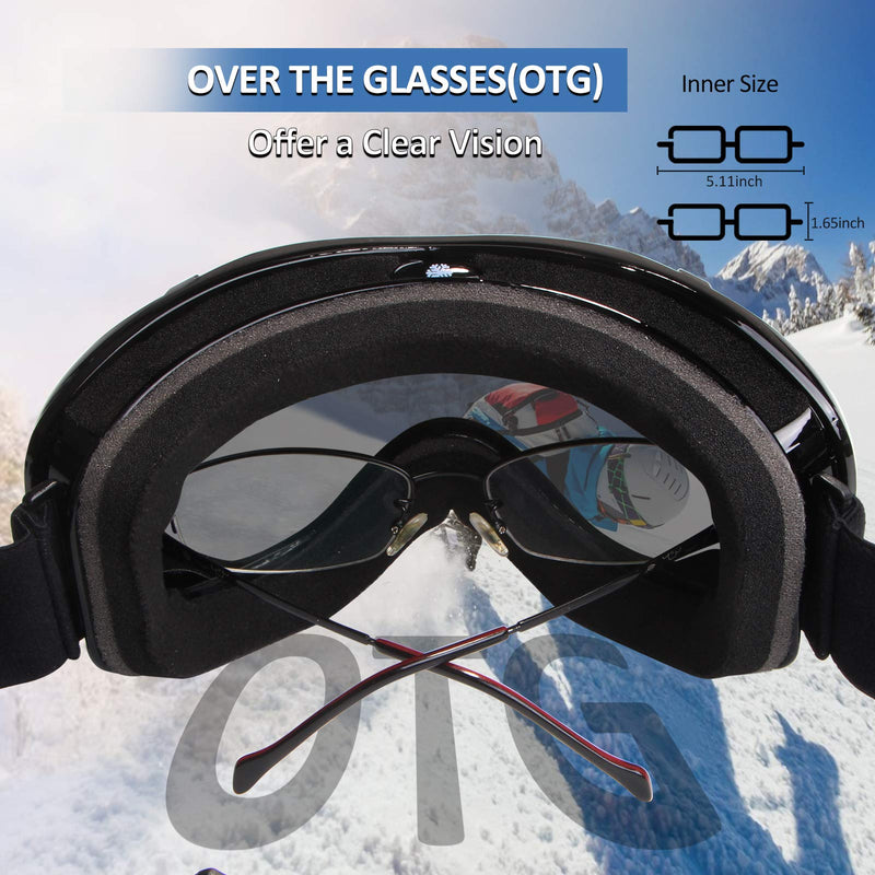 Ski Goggles Men Snow Goggles Women Snowboard Goggles Snow Sport Goggles Snowbile Vlt 12% Black Frame+silver Lens