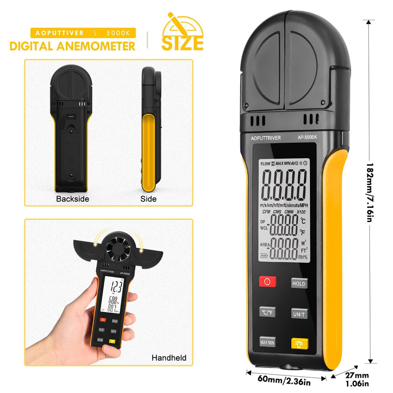 AOPUTTRIVER AP-5000K Digital Anemometer Handheld Wind Meter with 270° Rotating Detector and Double Wing Cover, Backlit Anemometer, MAX/MIN/AVG, Temperature