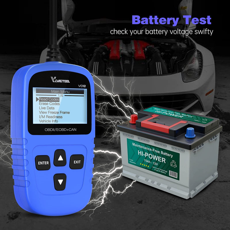 VDIAGTOOL VD10 OBD2 Scanner Car Code Reader, Smog Check, Engine Fault Code Reader, Live Data, Freeze Frame, Vehicle Voltage Test, Turn Off Check Engine Light