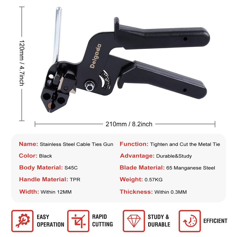 Delgada Cable Tie Gun for Metal Tie Wrap,Tensioning Installation Gun for Stainless Steel Self-Locking Zip Ties,Tie Fasten Plier—Tightening Cutting Width 12mm DG-600