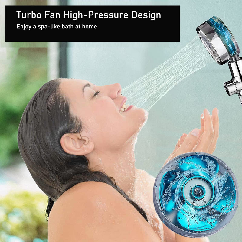 High Pressure Shower Heads, Handheld Turbo Fan Shower, Hydro Jet Shower Head Kit with Replacement Hose/Bracket/Cotton Filters and Bath Loofah, One Key Pause Switch 360 Degrees Rotating Blue