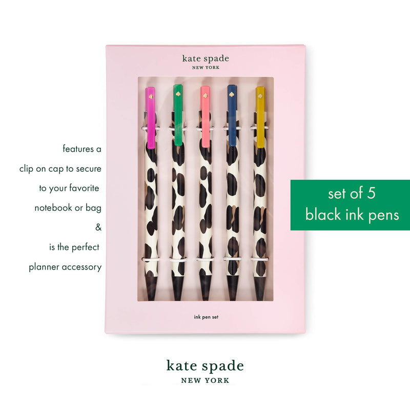 Kate Spade New York Black Ink Pen Set of 5, Leopard Print Click Pens, Forest Feline