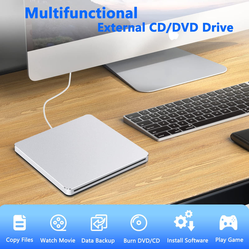 Guamar External CD/DVD Drive,USB Type C CD DVD Burner CD ROM Disc Reader Writer, Portable Optical CD/DVD +/-RW Drive DVD Player for Laptop Mac Desktop PC Windows 11 Apple MacBook Matte Silver