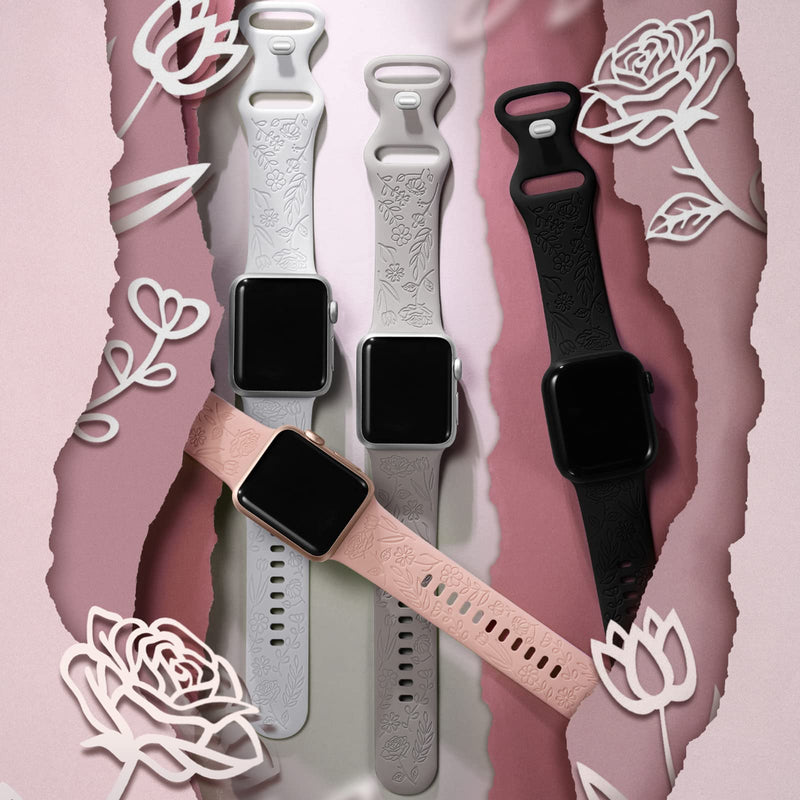 DaQin Flower Engraved Bands Compatible with Apple Watch Band 38mm 40mm 41mm 42mm 45mm 49mm 44mm Women Girl, Soft Silicone Wristbands Replacement for Apple Watch Ultra/iWatch Series 8 7 6 5 4 3 2 1 SE Black/White/Gray/Pink Sand 38mm/40mm/41mm